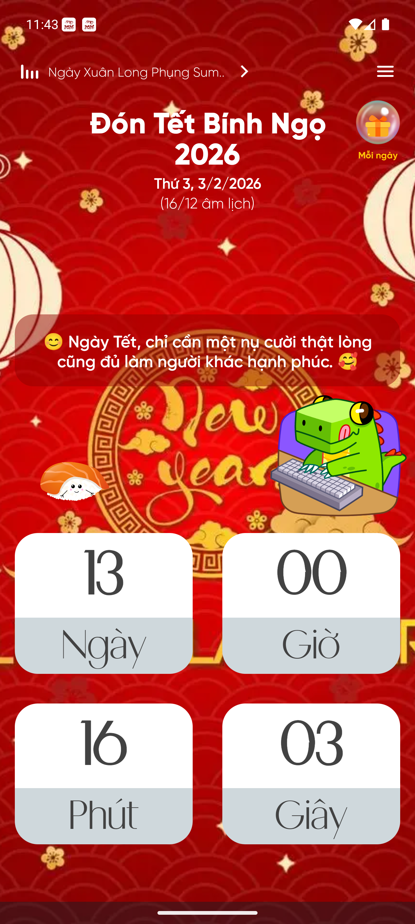 Giao diện chính của ứng dụng Sắp Tết