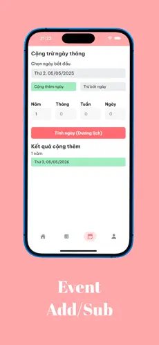 Màn hình cộng trừ ngày tháng của Date Calculator