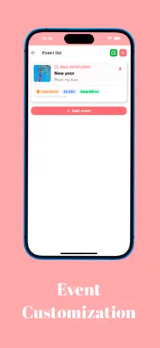 Màn hình tùy chỉnh danh sách sự kiện Date Calculator