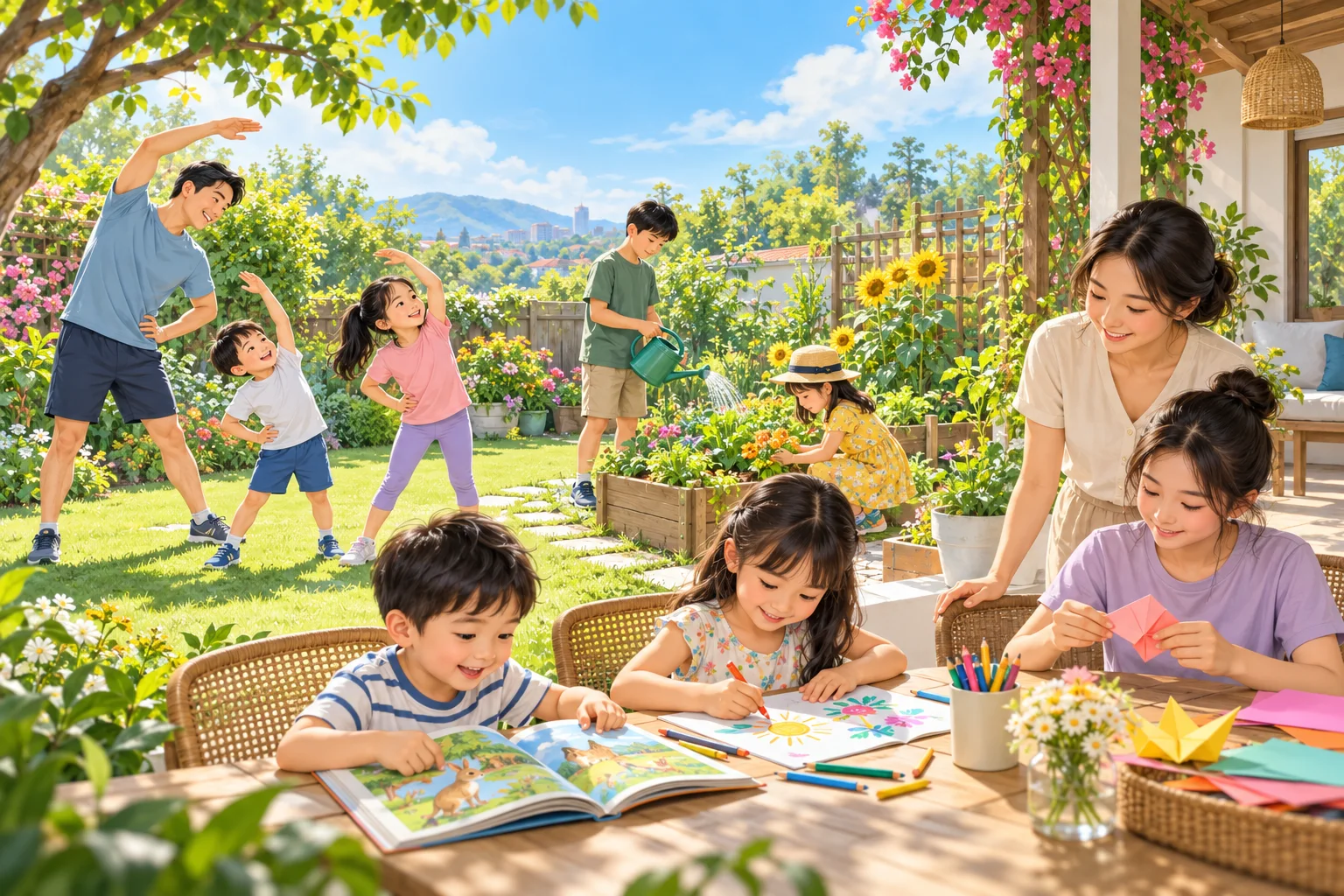 Trẻ em đọc sách, vẽ tranh, chăm cây và vận động cùng người lớn trong ngày hè